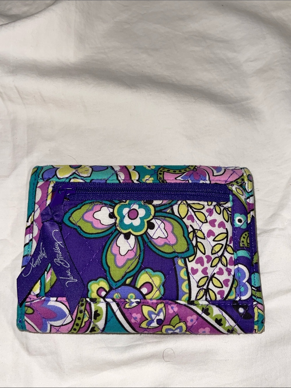 Retired Vera Bradley Heather Teal, Purple & Pink Quilted Floral Bifold Wallet - Picture 2 of 6